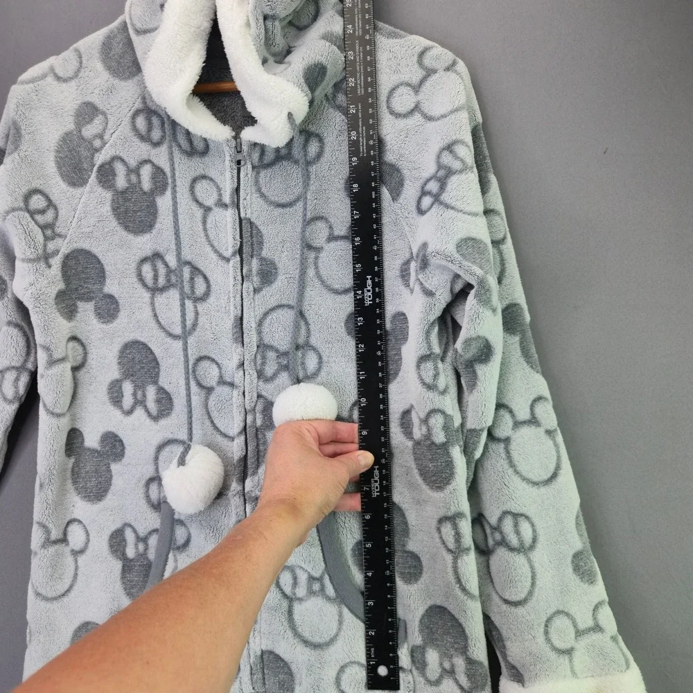 Disney Minnie Mouse Fleece Union Suit Pajamas Small Gray Hooded One Piece Plush - Picture 10 of 16